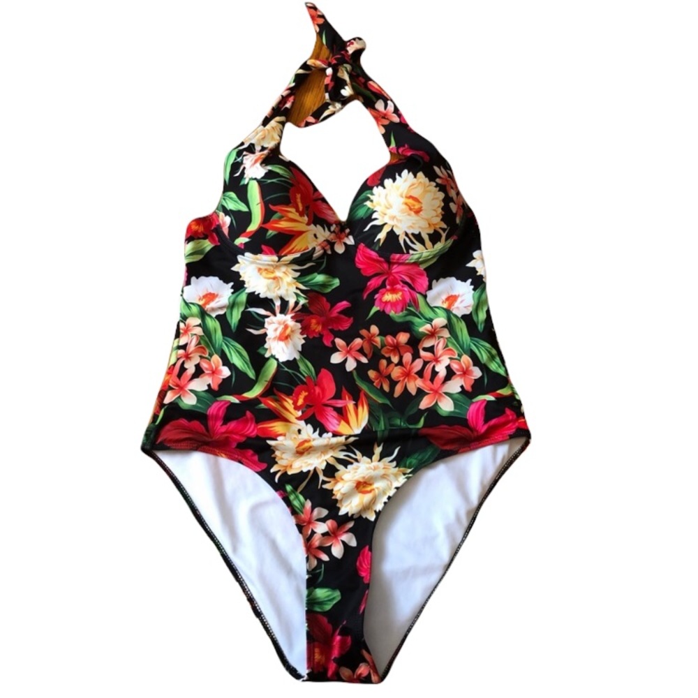 Super cute SHEIN one piece bathing suit large floral design halter tie